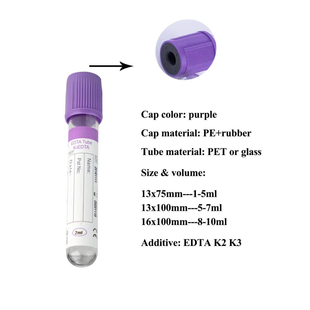 Medical Disposables Plastic Glass Purple Cap Vacuum Blood Collection Tube 5ml K2 K3 EDTA Tube